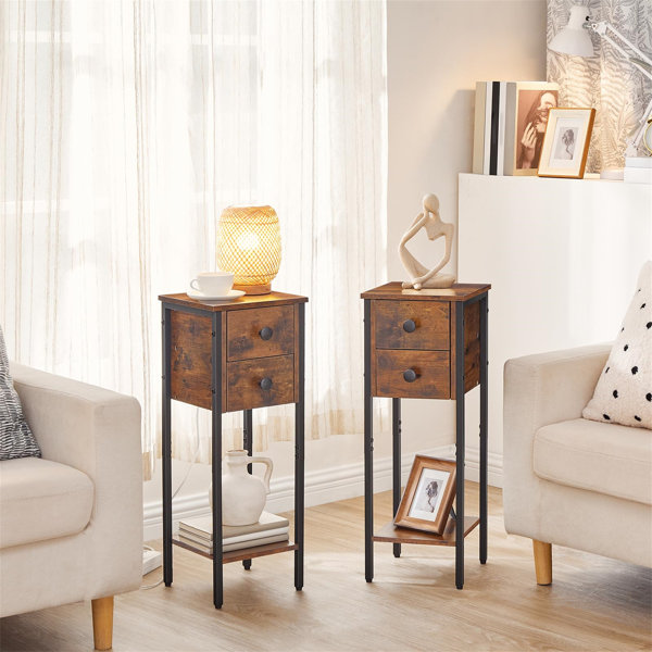 Williston Forge Narrow Bedside Table Slim Bedside Table Set Of 2 Telephone Table With 2 Drawers Tall Side Table With Metal Frame Small Nightstand With Open Shelf Rustic Brown And Black